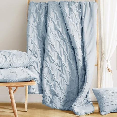 Comfort Spaces Comforter for King Size Bed, Ogee Ruched with Crinkle Texture, Breathable Comforter Set King, All Season Lightweight Bedding Set, Shams, Décor Pilow, King/Cal King Blue 4 Piece Comfort Spaces