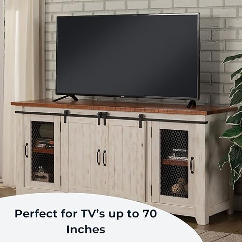 Martin Svensson Home Rustic 65” Solid Wood TV Stand with Storage, White and Aged Distressed Pine - WoodArtSupply