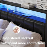 Full Size Bed Frame with Charging Station and LED Lights, Black Upholstered Headboard with 2-Tier Storage Shelves, Metal Bed Frame with Headboard, No Box Spring Needed, Easy Assembly,Black CollaredEagle