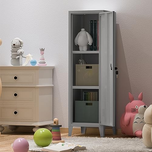 MIOCASA Metal Cabinet Home Office Storage Cabinets with Doors and Shelves Lockable 3 Door File Cabinet Organizer Coat Lockers for Kids (Grey) - WoodArtSupply