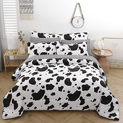 SUCSES Cow Print Queen Comforter Set with Sheets 8Pcs Bed in A Bag Queen Size Bedding Set Geometric Black and White Duvets for All Season