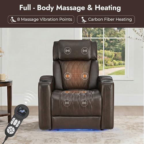 Watson & Whitely Genuine Leather Power Recliner Chair with Power Headrest, Lay Flat Home Theater Recliner with LED Lighting, Massage & Heat, Arm Storage & Cup Holders for Living Room, Brown