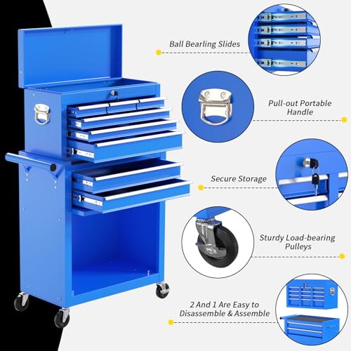 On Shine 8 Drawer Rolling Tool Chest, Large Capacity Rolling Tool Box with Wheels, Locking Mechanical Tool Chest, Portable Tool Box with Sliding Drawers,Metal Tool Box for Garage Workshop (Blue) On Shine