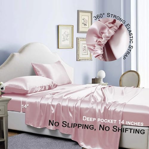 COZYXWORLD 4 Piece Satin Silky Sheet Set Queen Size, Cooling & Smooth Bedding Set for Hair and Skin, Deep Pocket Aesthetic Cute Women Bedroom Decor, Pink COZYXWORLD
