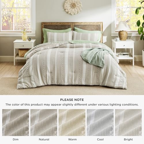 Bedsure Waffle Queen Comforter Set - Linen Soft Cotton Bedding Set for All Seasons, Stripe Fluffy Bed Set 3 Pieces with 1 Waffle Weave Comforter Queen Size and 2 Pillow Shams Bedsure