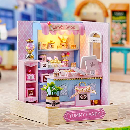 CUTEROOM DIY Doll House Miniature Furniture Wooden House Kit with Dust Cover & LED Light and Accessories - New Three Styles QT Series Dollhouse (QT045) CUTEROOM