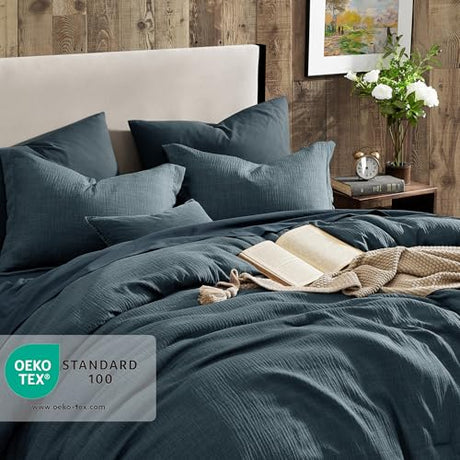 Geniospin Queen Comforter Set - 7 Pieces Comforter Queen Size, Soft Solid Bedding Set for All Season, Textured Bed in a Bag with Sheets, Pillowcases & Shams (Navy Blue, 90''x90'') Geniospin