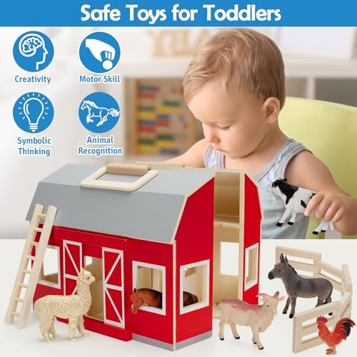 YEEBAY Farm Animals Toys for 3+ Year Old Kids Toddlers Girls Boys, Large Wooden Barn with Animal Play Figures, Farm Playset Educational Learning Toys, Ideal Christmas Birthday Gifts YEEBAY