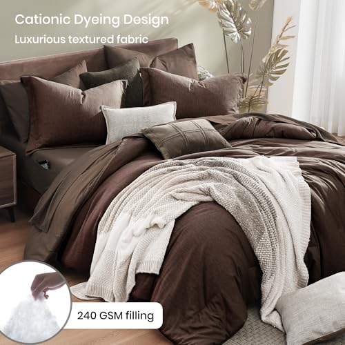 Monbix King Size Comforter Set, Chocolate Brown King Bedding Set Reversible, King Comforter Set 7 Pieces, Cationic Dyeing Bed in a Bag with Comforter, Sheets, Pillowcases & Shams Monbix