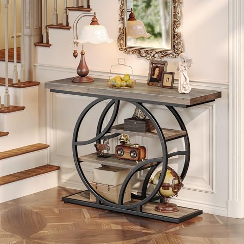Huuger 41.3 Inch Entryway Table, Modern Console Sofa Table, Accent Table with Shelves, for Entry, Hallway, Entrance, Foyer, O-Shaped Metal Frame, Grey Huuger