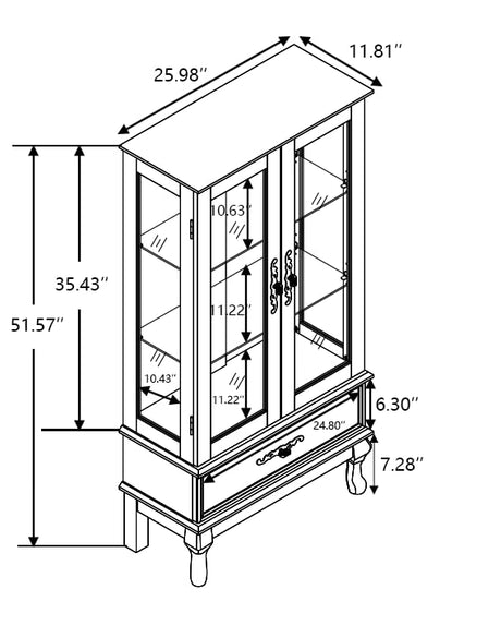 Glass Display Cabinet with Doors and Drawer, Lighted Curio Display Cabinet with Adjustable Glass Shelves and Mirrored Back Panel, Retro Floor Standing Storage Cabinets for Living Room, Light Oak BAOMKONG
