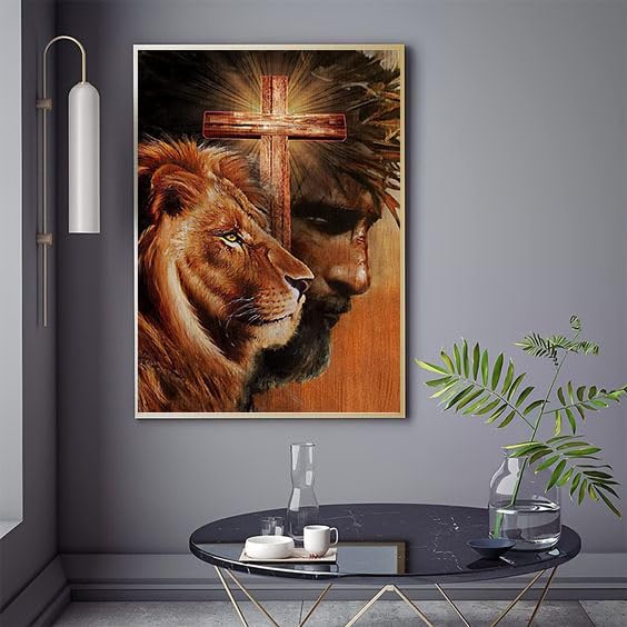 5D DIY Diamond Art Painting Christ Jesus Cross Lion 14x20 inches for Adults, Full Round Drill Rhinestone Embroidery for Wall Decoration Generic