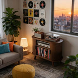 XHSSF Record Player Stand, Midcentury Modern Furniture Turntable Stand with Sliding Doors, Audio-Video Shelving Cabinet, Fluted Media Stand and TV Stand for Living Room, Bedroom (Walnut) (Medium) XHSSF