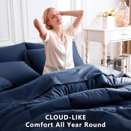 CozyLux Queen Comforter Set Navy Blue, 7 Pieces Bed in a Bag, Blue Comforter Queen Size, All Season Bedding Sets with Stitch Quilted Comforter, Flat Sheet, Fitted Sheet, Pillowcases CozyLux