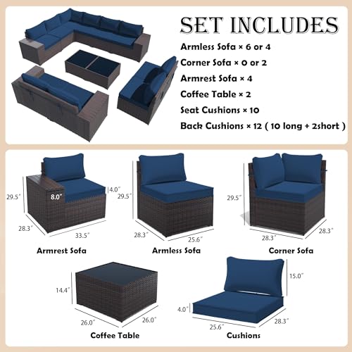 Gotland 12 Pieces Patio Furniture Set Outdoor Sectional Wicker Furniture All-Weather PE Rattan Patio Conversation Sets w/10 Replaceable Navy Waterproof Cushions and 2 Coffee Table - WoodArtSupply