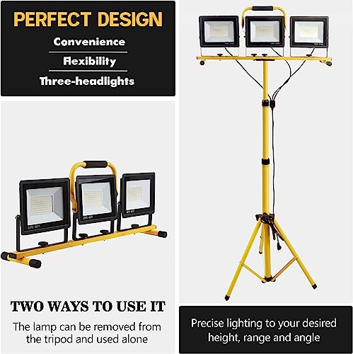 21000 Lumen Work Lights with Stand, 3 Adjustable Head LED Work Light, with Adjustable and Foldable Tripod Stand, Waterproof Lamp with Individual Switch with 6500 Kelvin Color Temperature GUWELL