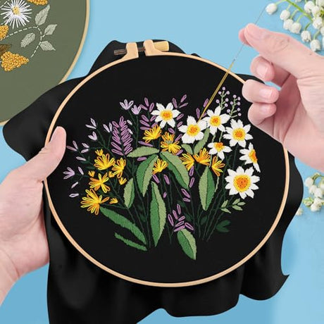 ERKOON 3 Sets Embroidery Kit, Floral Cross Stitch Set for Include Embroidery Cloth Hoops Threads for Craft Lover Hand Stitch (Plants & Flowers) ERKOON