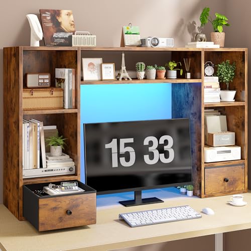 REIBII Desktop Bookshelf with LED Lights,47.2" Desktop Organizer with 6 Shelves and 2 Drawers for Top of Desk,Multipurpose Desk Hutch Dorm with Adjustable Shelves for Home and Office,Rustic Brown REIBII