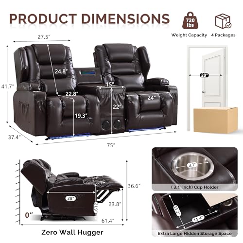 Loveseat Recliner Sofa, Power Reclining Loveseat Sofa Couches with Center Console, Bluetooth Speaker, LED Lights, Cup Holder, PU Leather Wall Hugger Recliners for Living Room, RV, Home Theater, Brown