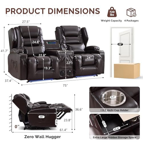 Loveseat Recliner Sofa, Power Reclining Loveseat Sofa Couches with Center Console, Bluetooth Speaker, LED Lights, Cup Holder, PU Leather Wall Hugger Recliners for Living Room, RV, Home Theater, Brown BIAOZHIKE