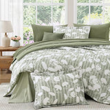 BLOOMHAVEN Queen Comforter Set -7 Pieces Sage Green Floral Comforter Set for All Seasons, Bed in a Bag Queen with Botanical Flowers Comforter, Sheets, Pillowcases & Shams BLOOMHAVEN