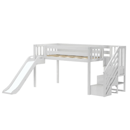 Max & Lily Twin Low Loft Bed with Slide and Stairs - Classic White Solid Wood Kids Furniture - WoodArtSupply