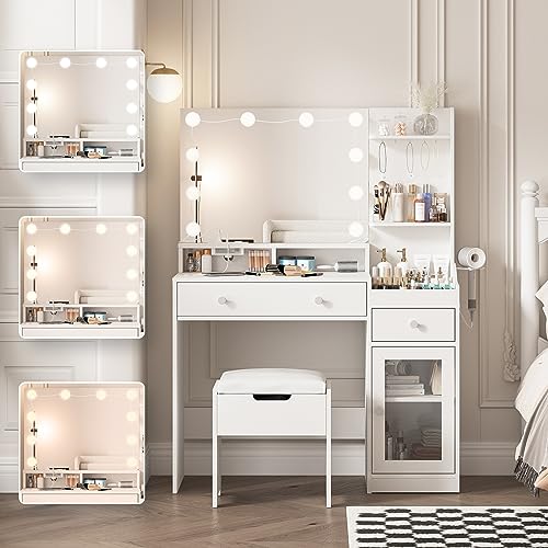 Vabches Vanity with Mirror and Lights, Makeup Vanity Table with Charging Station, Cute Vanity Set with Comfortable Bench, Big Vanity with 3 Storage Compartments, 39.8inch, White - WoodArtSupply