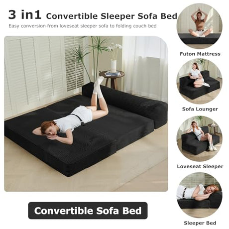 NLDD Folding Futon Sofa Bed Full Size, 6 inch Convertible Floor Couch Bed with Removable Corduroy Cover, Pull Out Couch for Small Spaces High-Density Foam,Black NLDD