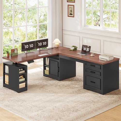 SEDETA Farmhouse L Shaped Electric Standing Desk, 63" x 67" Height Adjustable Home Office Executive Desk with Drawers and Shelves, Standing Computer Desks with Power Outlet for Home Office, Black SEDETA
