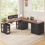 SEDETA Farmhouse L Shaped Electric Standing Desk, 63" x 67" Height Adjustable Home Office Executive Desk with Drawers and Shelves, Standing Computer Desks with Power Outlet for Home Office, Black SEDETA