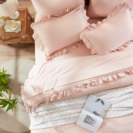 Anluoer Twin Comforter Set 5 Piece, Pink Bed in a Bag with Sheets, All Season Ruffle Shabby Chic Bedding Sets with 1 Comforter, 1 Pillow Sham, 1 Pillowcase, 1 Fitted Sheet Anluoer