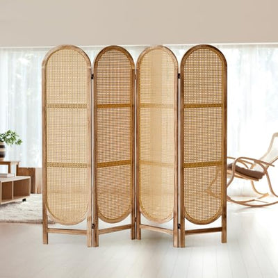 Leesinwing 4 Panels Room Dividers and Hand-Woven Rattan Room Divider Wall, Wood Room Divider Folding Privacy Screens for Home Office Bedroom, Light Brown