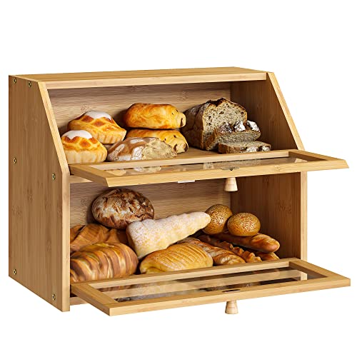 Farmhouse Bread Box for Kitchen Countertop Bread box Double Layer Bamboo Wooden Extra Large Capacity Bin Kitchen Food Storage Container(Natural) - WoodArtSupply