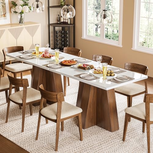 LITTLE TREE 47-Inch Kitchen Dining Table for 4-6,White Rectangular Dining Table with Walnut Wood Base, Modern Wooden Eating Table for Kitchen, Dining Room, Small Space, Home Office LITTLE TREE