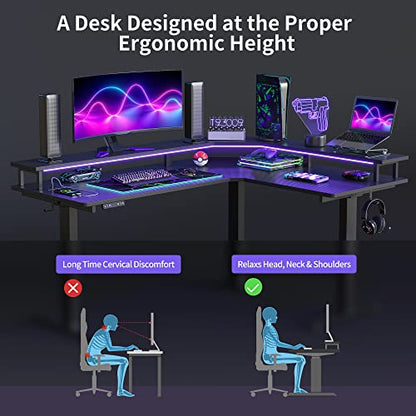 FEZIBO 63" Triple Motor L Shaped Standing Desk with LED Strip & Power Outlets, Height Adjustable Stand up Corner Gaming Desk with Ergonomic Monitor Stand, Black Carbon Fiber Top/Black Frame - WoodArtSupply