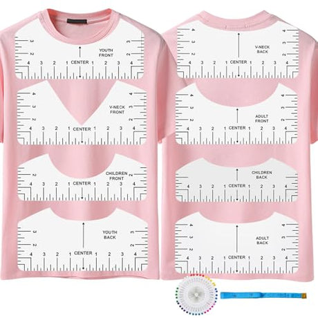 Jiehstu Tshirt Ruler Guide Vinyl Alignment, Transparent V-Neck/Round PVC Ruler for Alignment, Designs Pocket Logo, Fit for Heat Press, Alignment, Children Youth Adult, Front and Back Measurement Jiehstu
