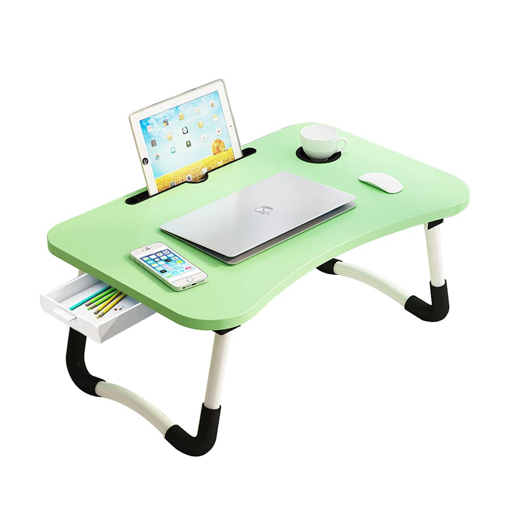 Lap Laptop Desk with Storage Drawer, Holders for Cup and Tablet, Laptop Bed Tray Table with Foldable Legs, Laptop Bed Stand, Portable Standing Table for Sofa Couch Floor (23.6", Green) - WoodArtSupply