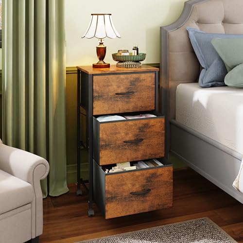 WLIVE Dresser with 3 Drawers, Fabric Nightstand, Cabinet with Wheels, Organizer Storage Dresser for Bedroom, Office, Closets, Sturdy Steel Frame, Easy Pull Handle, Rustic Brown Wood Grain Print WLIVE