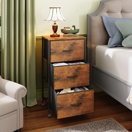 WLIVE Dresser with 3 Drawers, Fabric Nightstand, Cabinet with Wheels, Organizer Storage Dresser for Bedroom, Office, Closets, Sturdy Steel Frame, Easy Pull Handle, Rustic Brown Wood Grain Pri - WoodArtSupply