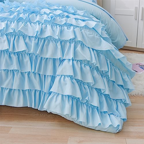 Holawakaka Light Blue Waterfall Ruffle Comforter Set Twin Size Multi-Layers Ruffled Shabby Chic 3PCS Bedding Set for Girls Women Holawakaka