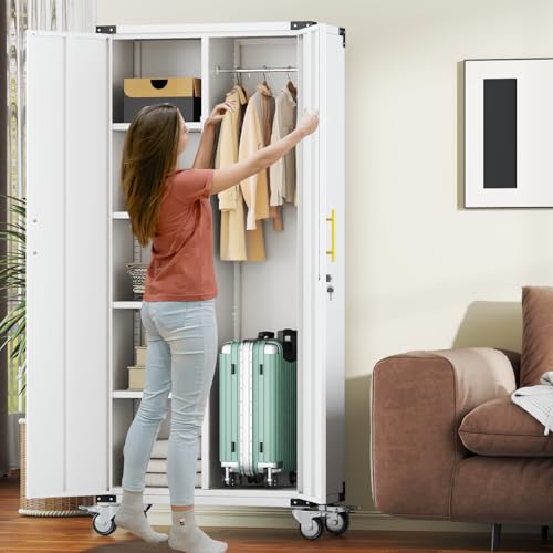 71" Tall Broom Closet Storage Cabinet with Hanging Rod for Cleaning Supplies & Tools,Metal Utility Storage Cabinets with Lock,Wardrobe Cabinets with Adjustable Shelves for Garage,Laundry Room,Bedroom Lusiwry