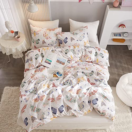 Ivellow Twin Duvet Cover Kids 100% Cotton Butterfly White for Cute Bedding Set 3Pcs Ultra Soft Breathable Patterned Cartoon Comforter Boys Girls Toddler Teen Ivellow