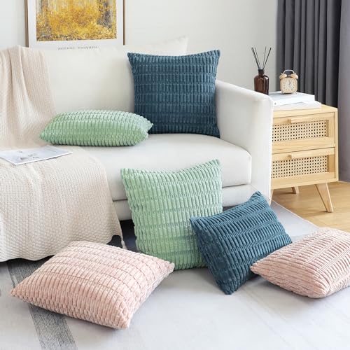 OTOSTAR Corduroy Decorative Throw Pillow Covers 16x24 Inch Super Soft Boho Striped Rectangle Pillow Covers Case Modern Cushion Covers for Sofa Couch Bedroom Car Decor Teal OTOSTAR