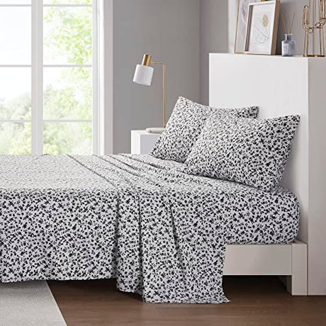 Intelligent Design Printed Microfiber Sheet Set, Soft Modern Bedroom Decor, Elastic Deep Pocket, All Season, Lightweight, Breathable, Cozy Bedding, Matching Pillowcase, King Black Floral 4 Piece Intelligent Design