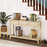 LAZZO Rattan Console Table Boho Entryway Table Narrow Long Sofa Table Hallway Foyer Table Behind Couch Table with 3 Drawers and Open Storage Shelf for Living Room and Corridor Natural Wood LAZZO