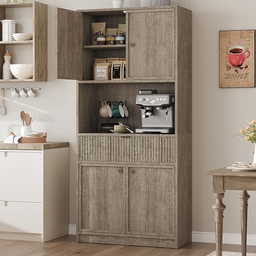 IDEALHOUSE Tall Storage Cabinet, 70" Kitchen Pantry Cabinet with Doors, Fluted Kitchen Hutch Cupboard with Microwave Shelf & Drawer, Freestanding Cupboard for Dining Room, Living Room, Gray IDEALHOUSE