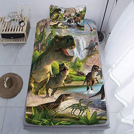 NiuOne Dinosaurs Bed Sheets Twin for Boys,3D Realistic Dinosaur Green Fitted Sheets Set Ancient Jungle Dinosaur Bed Sheet Kids Soft Microfiber Bedding Sheets Set,Twin Size(2pc) NiuOne