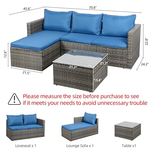 Shintenchi Outdoor Patio Furniture Sets, Small Outdoor Sofa Patio Sectional Sets 3-Piece All Weather Wicker Rattan Patio Seating Sofas with Glass Coffee Table and Cushion (Blue) Shintenchi