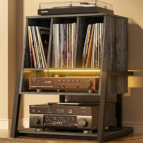 Homieasy Record Player Stand with Power Outlet & Smart LED, 3-Tier Vinyl Record Storage Cabinet for 200+ Albums, 22" Turntable Station with Wooden Dividers, Modern End Table for Small Space, Grey Oak Homieasy