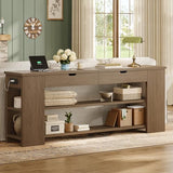 ANGRYWIN 71.8 Inch Extra Long Console Table with Drawers, Farmhouse Long Console Table with Shelves & Built-in Outlets, Entryway Table with Storage for Living Room, Entryway, Hallway, Brown ANGRYWIN